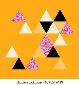 Delicate background of triangles. Triangles with pink glitter. Background in pastel colors. Geometric background.