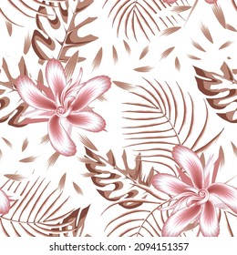 delicate background vector design illustration with tropical pink hibiscus flowers seamless pattern plants leaves and foliage. trendy botanical pattern. Vintage botanical. nature wallpaper. Summer 