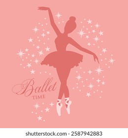 A delicate ballet-themed design featuring a graceful ballerina silhouette surrounded by scattered stars. The design has a soft pink color palette.