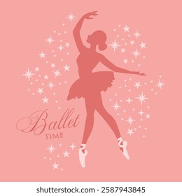 Delicate ballet-themed design featuring a graceful ballerina silhouette surrounded by scattered stars. The design has a soft pink color palette.