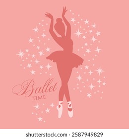 A delicate ballet-themed design featuring a graceful ballerina silhouette surrounded by scattered stars. The design has a soft pink color palette