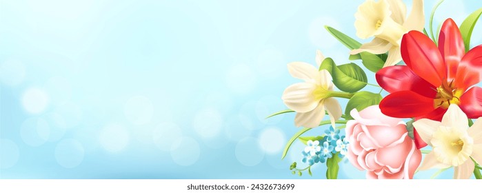 Banner delicado con flores de primavera. Plantilla para saludo, invitación, publicidad con lugar para texto. Ilustración vectorial.
