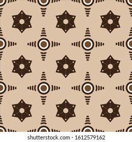 A delicate batik-patterned floral star pattern design with brown background, with a light brown background. Simple, square and symmetrical