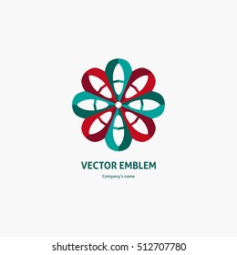 Delicate beautiful blue and red logo for boutique, flower shop, business. Company mark, emblem, element. Simple geometric mandala logotype. Kaleidoscope big bud. Surround abstract blossom.