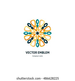 Delicate beautiful circular green, yellow logo for boutique, flower shop, business. Company mark, emblem, element. Simple geometric mandala logotype. Kaleidoscope big bud. Surround abstract blossom.