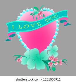 delicate, beautiful greeting card ,banner. The inscription "I love you". Heart in flowers . gray. Vector,