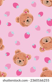 Delicate and beautiful illustration of bears in a childish style with randomly scattered strawberries. Art for printing on fabrics, wallpapers and decoration.