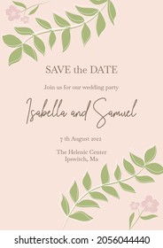 Delicate beautiful pink wedding invitation with elegant flower and yellow branches with leaves