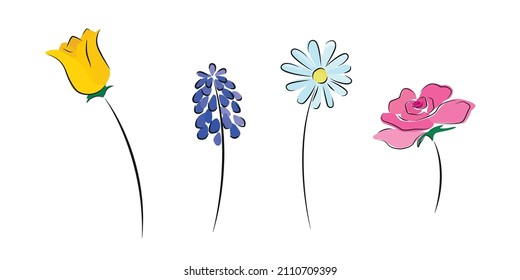 Delicate beautiful spring flowers, painted, hand drawn Easter flowers