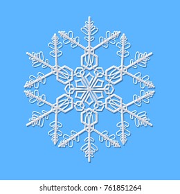 Delicate beautiful white snowflake on blue background. Vector illustration