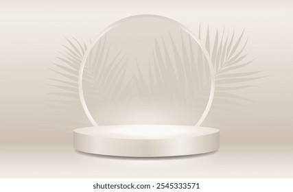 Delicate beige background with a glowing podium and palm leaves. Stage for product presentation, advertising, sales