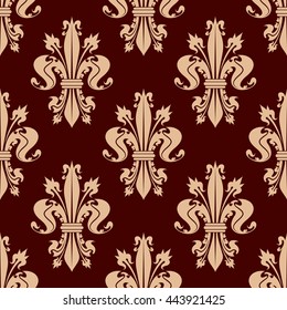 Delicate beige fleur-de-lis floral seamless pattern of french heraldic lilies with ornamental leaves and flower buds on reddish brown background. Use as medieval monarchy theme or interior design