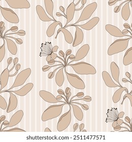 Delicado patrón floral beige sin costuras en rayas verticales. Vector dibujado a mano ilustración vintage. Para la tela, ropa, Fondo de pantalla, embalaje, papel de embalaje.