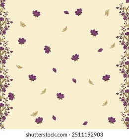 Delicate Beige and Purple Floral Vine Pattern with Falling Petals and leaf seamleass pattern vector illustration for fablic textile 