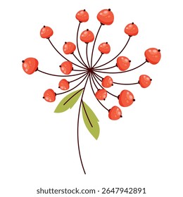 Delicate Berry Flower with Simple Brush Line Decorations. Colorful plant with cute line sketches of branches isolated on white background. Nature herb perfect for invitations, cards, posters, holidays