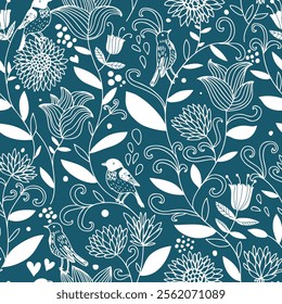Delicate Birds and Flowers Seamless Pattern on Teal Background