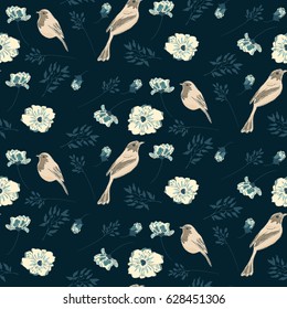 Delicate birds and flowers  wallpaper seamless  flower pattern on a black background