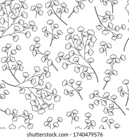 Delicadas ramas negras con flores pequeñas o hojas sobre un fondo blanco. patrón sin costuras vectorial. Antecedentes de las celebraciones del otoño de los bosques ecológicos. Símbolos florales y rústicos negros