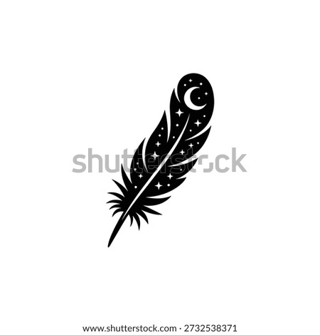 A delicate black feather adorned with a crescent moon and stars