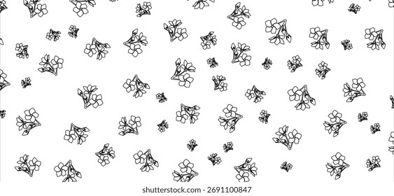 Delicate black outline floral pattern repeats on a clean white background, featuring scattered blossom elements in a simple, charming design, suitable for various creative projects and uses