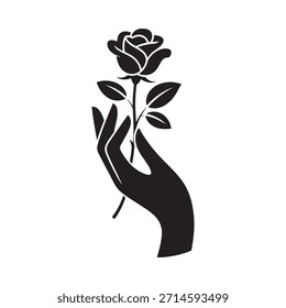 Una delicada rosa negra sostenida suavemente en una ilustración estilizada de la mano humana
