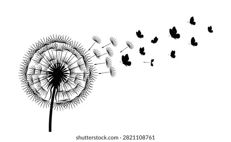 Delicate black silhouette of a dandelion flower with seeds blowing away and turning into a flock of flying butterflies on a white background.