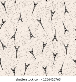 Delicate black & white eiffel tower vector pattern, seamless vector repeat with sprinkles background. Trendy vintage style. 