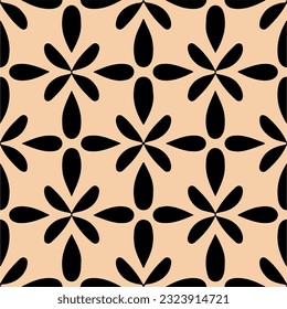 Delicate black and white flowers gracefully adorn warm beige backdrop, forming charming damask pattern, seamlessly repeating with floral motif.