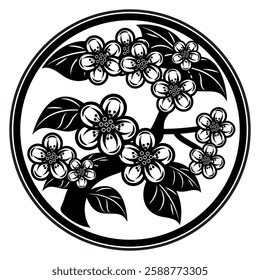 A delicate black and white illustration of a cherry blossom branch symbolizing the beauty and transient nature of life in traditional Japanese art