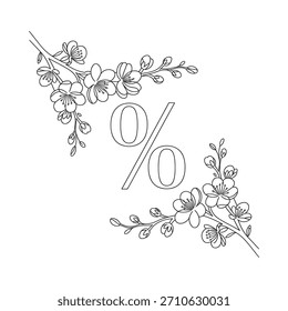 Una delicada ilustración en blanco y negro con dos diseños de esquinas florales con un símbolo de porcentaje decorativo en el centro.
