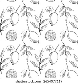Delicadas ilustrações em preto e branco de limões, folhas e fatias de limão são organizadas em um padrão repetitivo, ideal para decoração caseira ou têxteis em um estilo moderno.