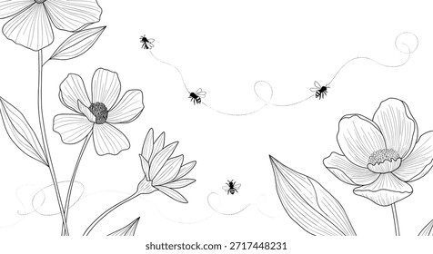 Delicada ilustración de arte de línea en blanco y negro de abejas de miel volando entre flores silvestres sobre un fondo blanco liso para el diseño.