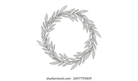 Un delicado dibujo de línea en blanco y negro de una corona de laurel sobre un fondo blanco.