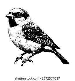 delicate black and white vector illustration of a sparrow perched on a branch, featuring intricate line work and naturalistic details for a serene wildlife design