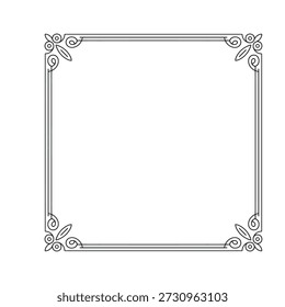 Una delicada Ilustración vectorial en blanco y negro de un marco cuadrado adornado con sutiles remolinos y Elementos decorativos clásicos, ideal para elegantes invitaciones y papelería.