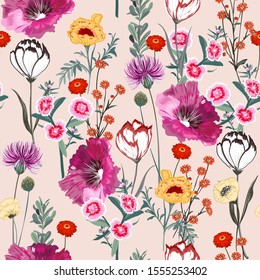 Delicate blooming garden flowers in many kind of florals seamless pattern in vector ,Design for fashion,fabric,web,wallpaper,wrapping and all prints on light pink background color 