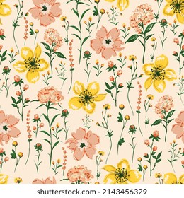 Delicate Blooming Hand drawn paint brused Wild flower ,Meadow floral Seamless pattern Vector illustration artistic style ,Design for fashion , fabric, textile, wallpaper, wrapping and all prints - Shutterstock ID 2143456329