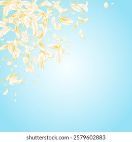 Delicate Blossom Falling Vector Blue Background. Light Beauty Rose Illustration. Beige Sakura Japanese Poster. Gold Floral Blur Wallpaper. Spring Cherry Template.