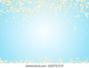 Delicate Blossom Japanese Vector Blue Background. Gold Blur Floral Wallpaper. Light Sakura Fly Pattern. Yellow Cherry Japan Cover. Tender Lotus Frame.