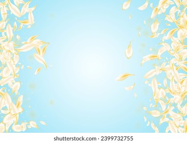 Delicate Blossom Tender Vector Blue Background. Light Beauty Floral Template. Yellow Flower Summer Illustration. White Cherry Fall Texture. Blur Petal Design.
