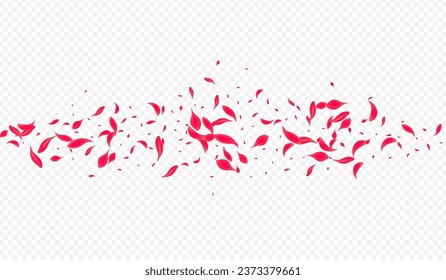 Delicate Blossom Vector Transparent Background. Falling Sakura Texture. Red Petal Japanese Template. Pink Fly Rose Cover.