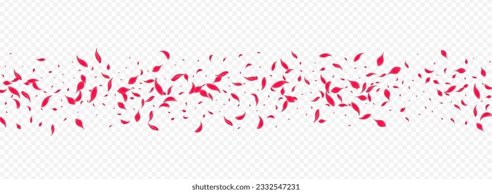 Delicate Blossom Vector Transparent Panoramic Background. Japan Floral Pattern. Red Flower Fall Template. Pink Blur Petal Frame.