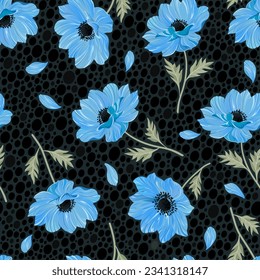 Delicate blue anemone flowers on dark dotted background