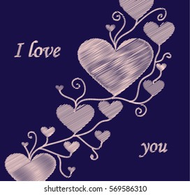 Delicate blue background with embroidery. Beautiful greeting card with hearts and curly branches. Lettering I love you. Happy Valentine's Day. The pattern on the fabric for textiles, cards or banners.