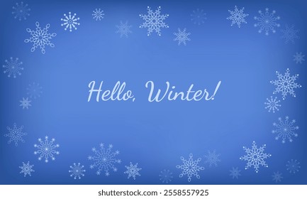 Delicate blue background with fog in the center. White dainty snowflakes gently falling. Vector grid gradient winter sky with copy space. Greeting: Hello, winter! 