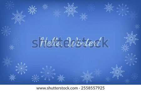 Delicate blue background with fog in the center. White dainty snowflakes gently falling. Vector grid gradient winter sky with copy space. Greeting: Hello, winter! 