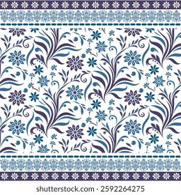 delicate blue bohemian floral seamless pattern with detailed border for home textile projects
