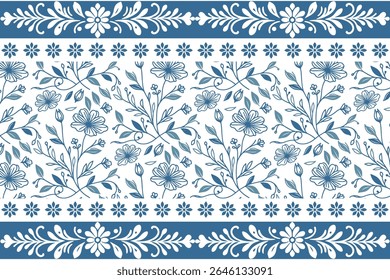 delicate blue border pattern with abstract floral line work and natural botanical symmetry for modern textile decor

