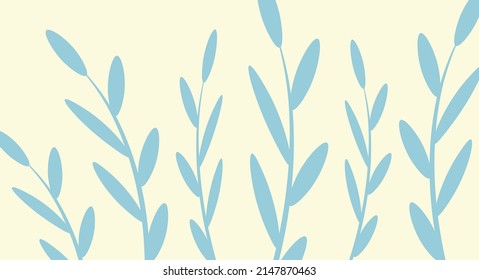 Delicate blue botanical background, Vector pattern of branches with leaves.background. Decorative grassy print in pastel colors. Template for decor. Flat style. Herbal twigs.