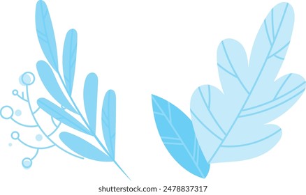 Delicate blue botanical leaves twigs against isolated white background. Simplistic design subtle vein patterns, blue cyan hues dominate graphic. Simplistic leaves stems dots background